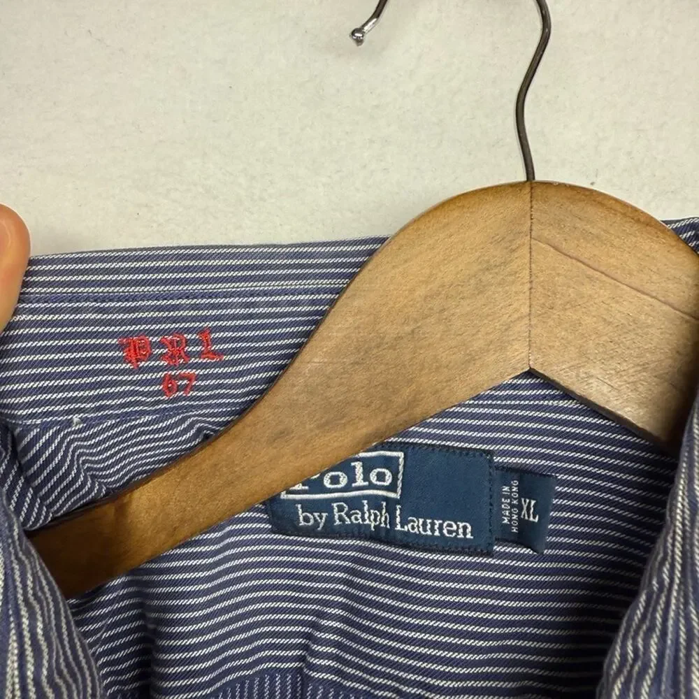 Vintage Ralph laure Shirt Men's XL Blue White Striped PRL Chinstrap Work Pocket